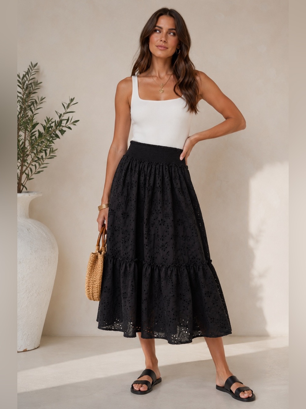 House of Harlow 1960 Black Eyelet Cotton Midi Skirt Smocked Waist Boho Large